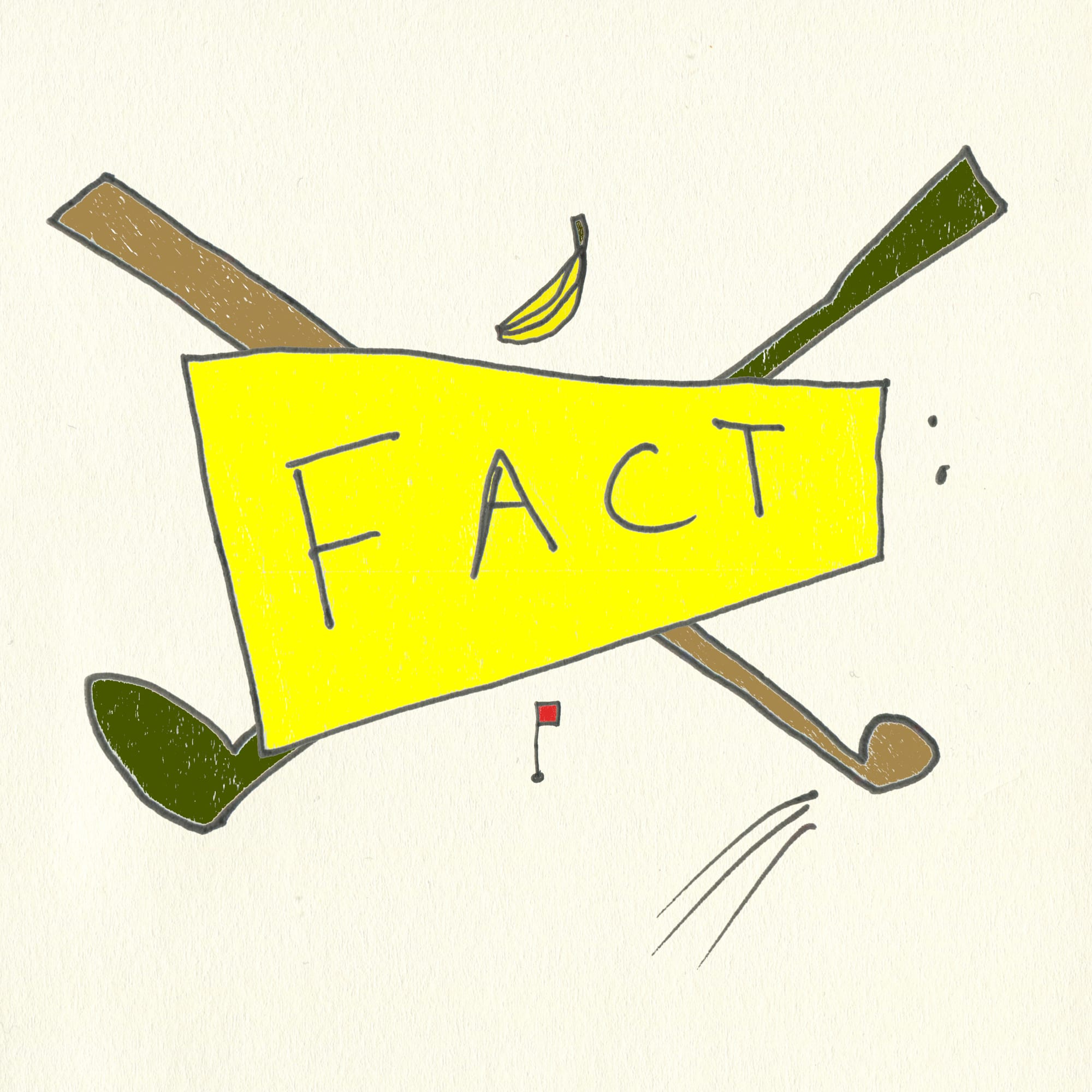 The word FACT coloured in yellow and superimposed over a country club crest styled with one green golf club, one brown, a golf flag in a hole, and a banana