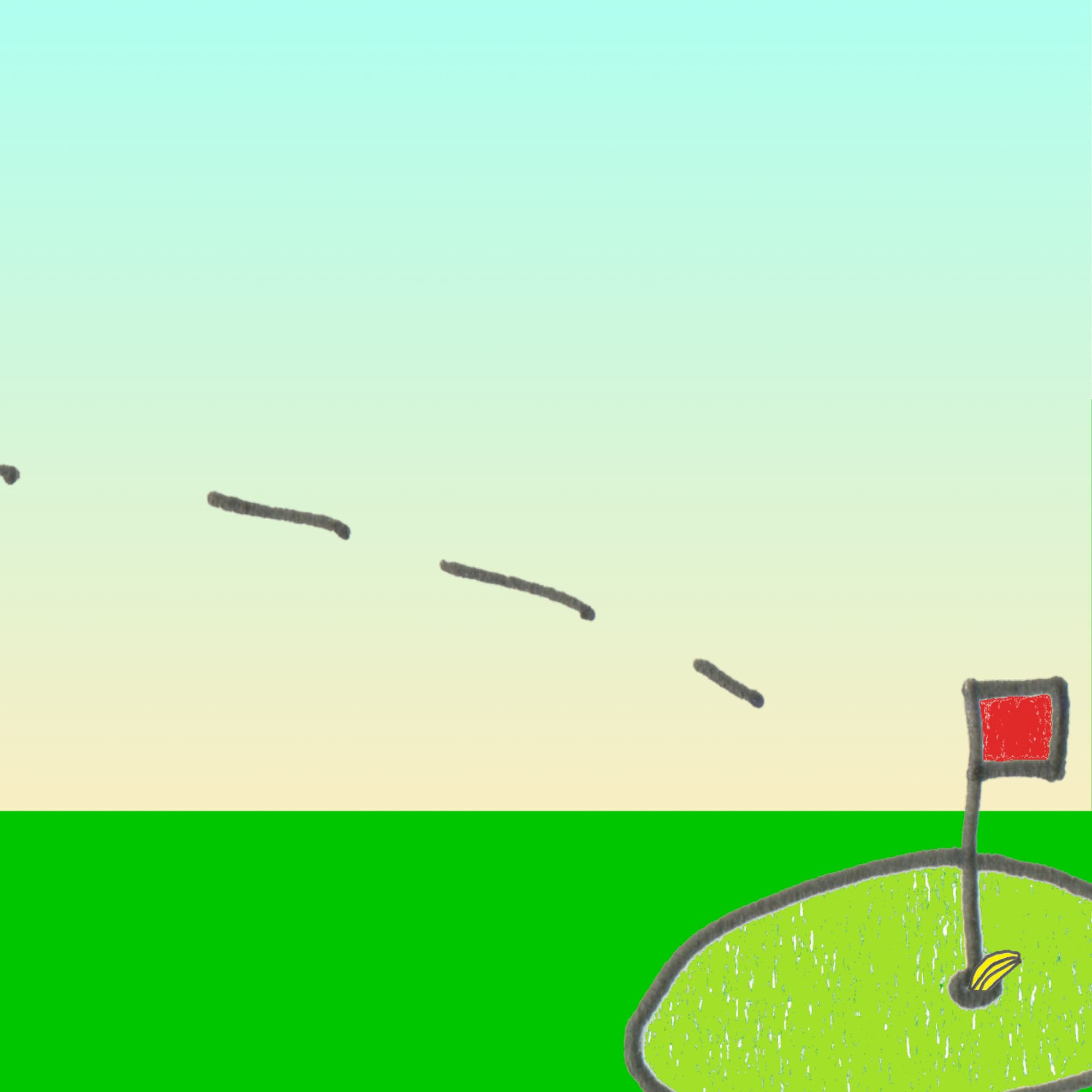 The trajectory of a banana being propelled toward the golf hole it just landed in, marked by a square red flag