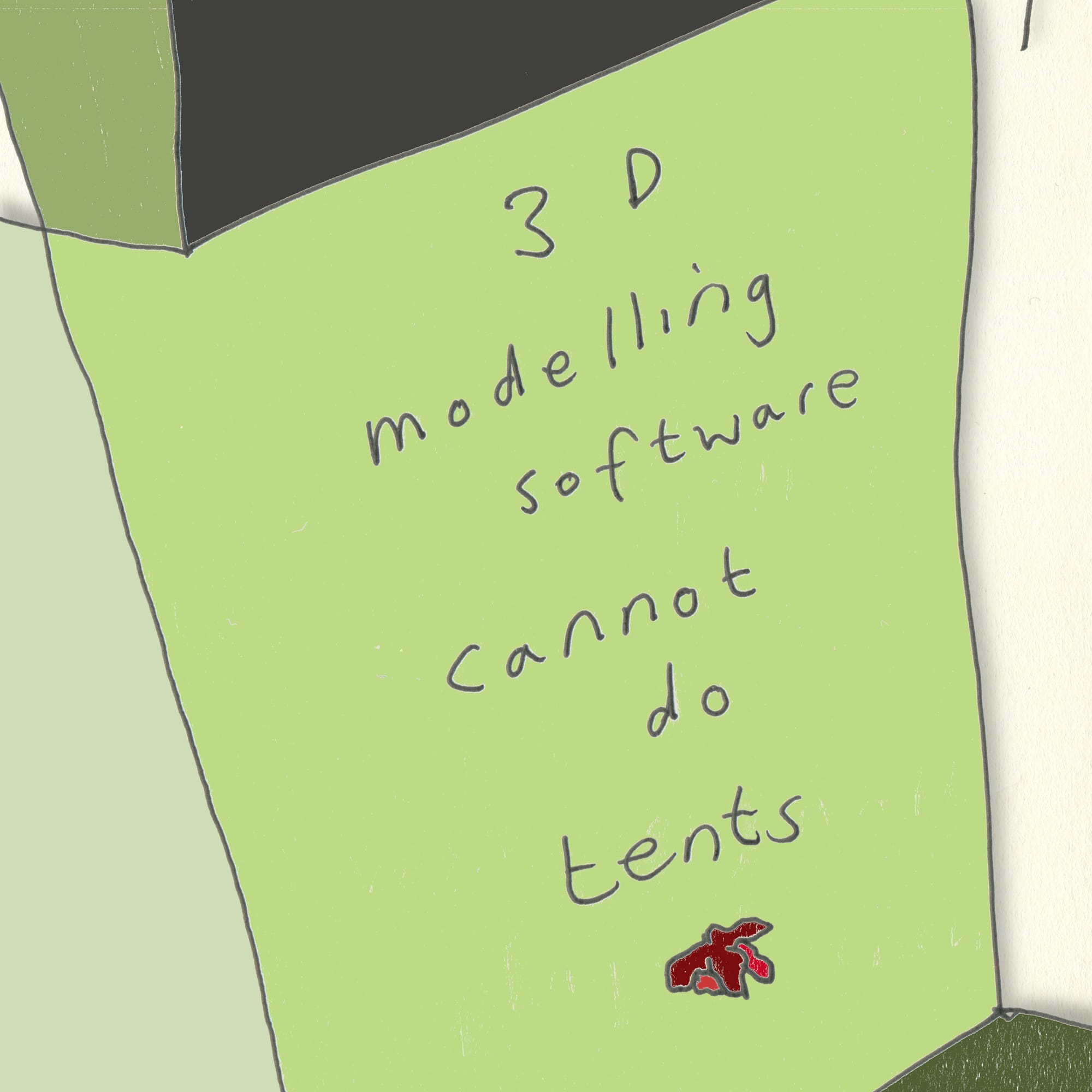 Unusual-looking 3D lines and surfaces with the main one reading '3D modelling software cannot do tents', and another nasty-looking haemorrhoid thrown in for good measure