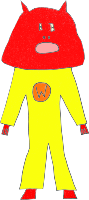 Humanoid figure in a stupid bright yellow superhero onesie with a massive red helmet that has a dumb look on its face